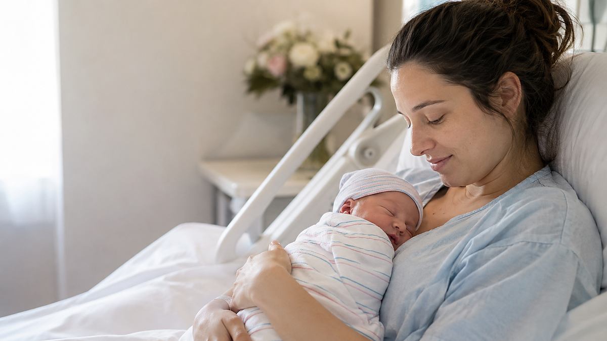 אם מחזיקה תינוק לאחר לידה בבית חולים – אילוסטרציה למאמר על רשלנות רפואית בלידה